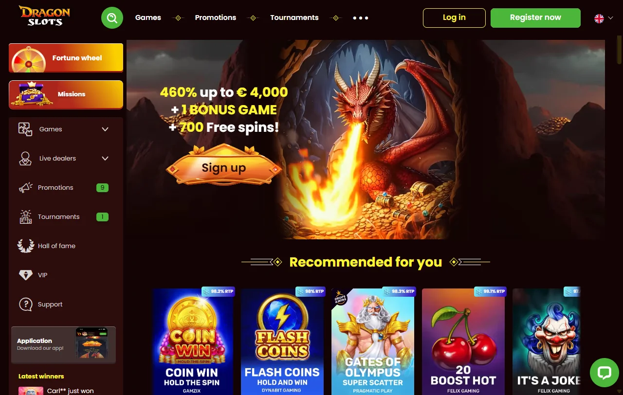 Αρχική σελίδα του DragonSlots Casino σε υπολογιστή με το μπόνους καλωσορίσματος