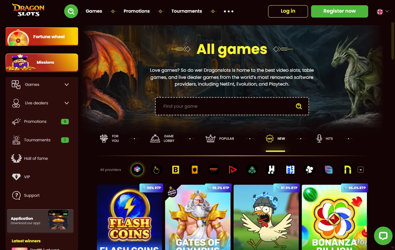 Ενότητα live καζίνο του DragonSlots Casino σε υπολογιστή