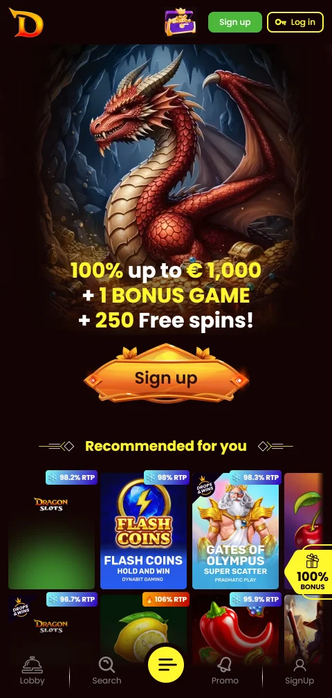 Αρχική σελίδα του DragonSlots Casino σε κινητό