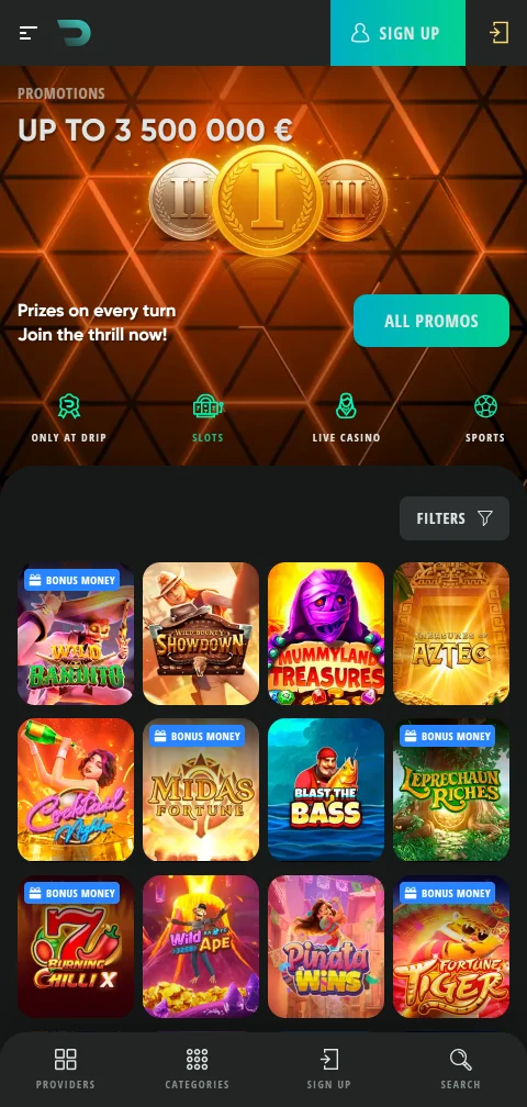 Έκδοση browser του Drip Casino σε κινητό με APK για Android