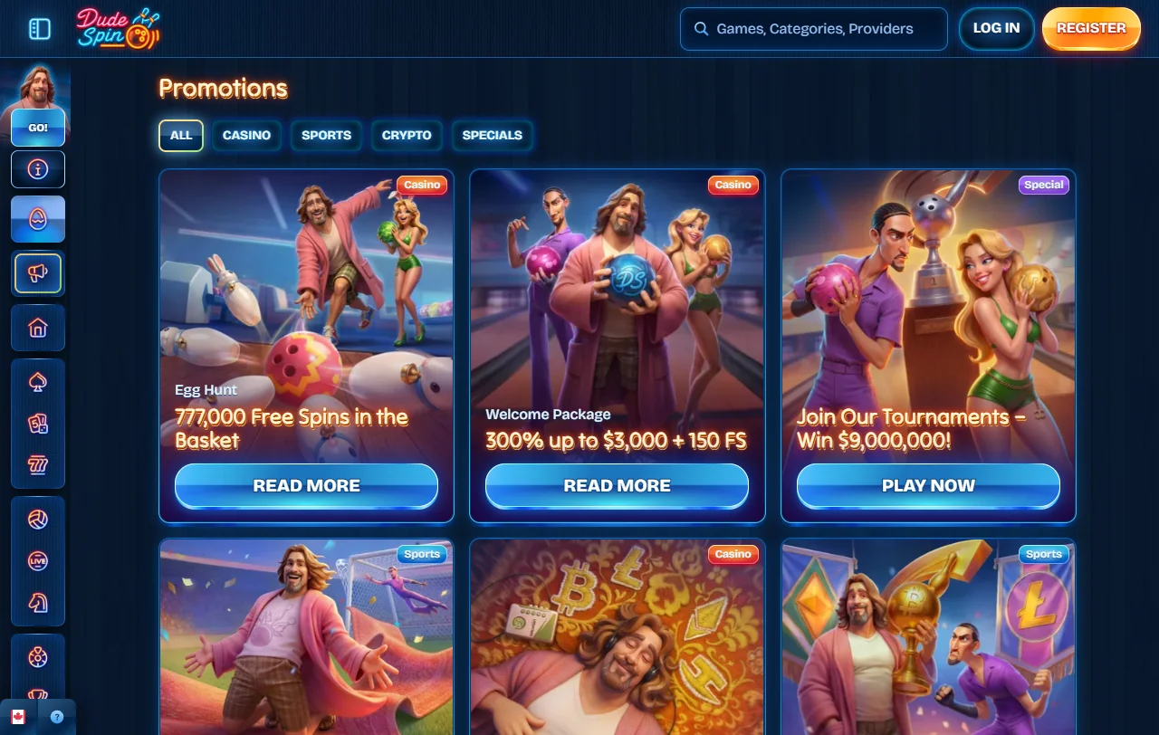 Κατάλογος παιχνιδιών του DudeSpin με slots, live τραπέζια και 113 παρόχους