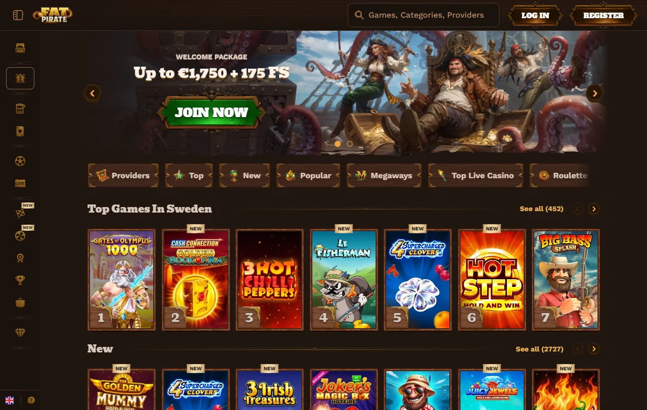 Αρχική σελίδα του Fat Pirate Casino με το lobby καζίνο και το sportsbook