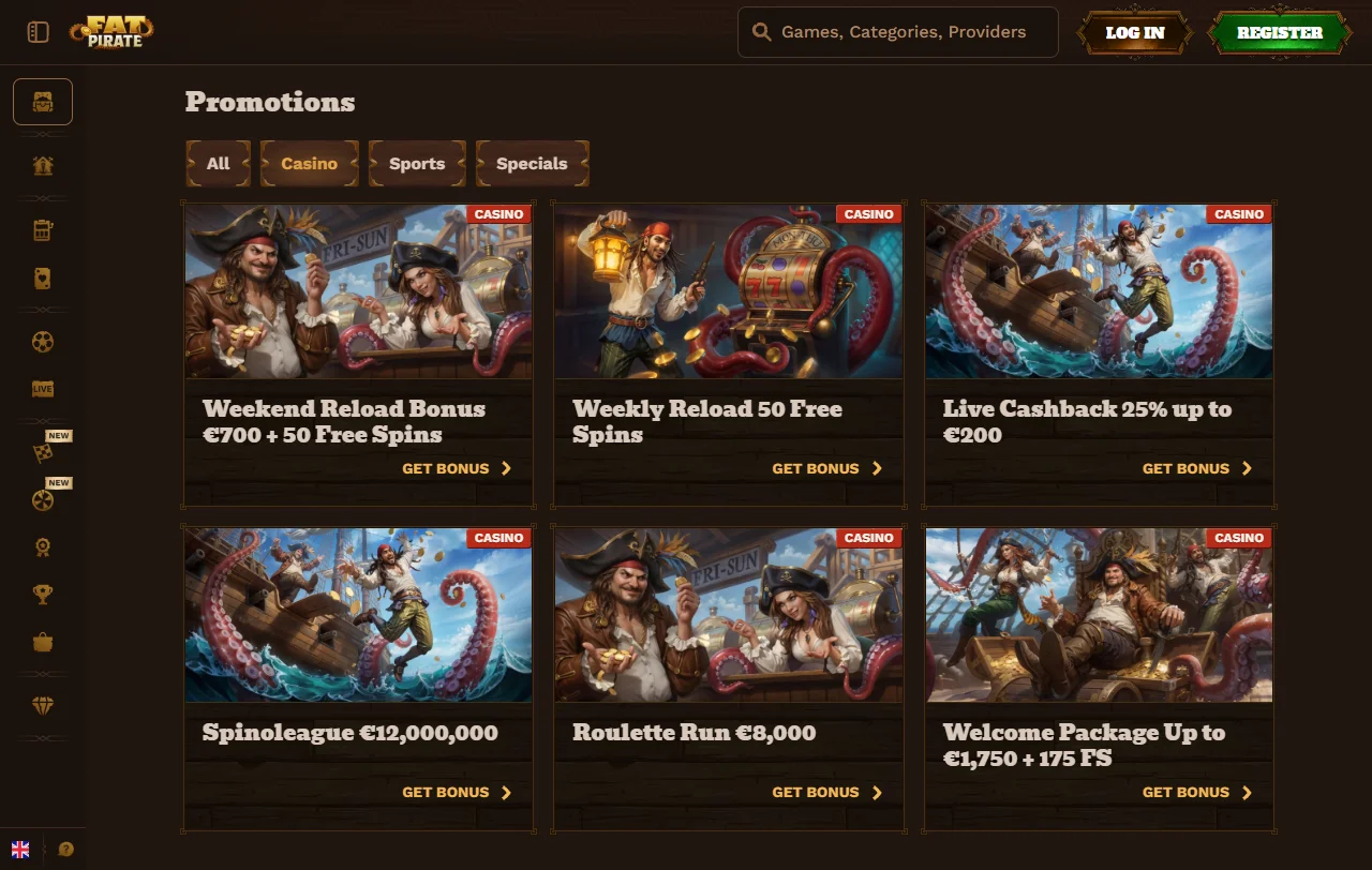 Κατηγορία slots του Fat Pirate Casino με πάνω από 8.000 τίτλους