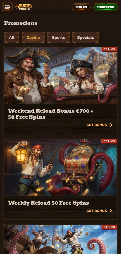 Ταμείο του Fat Pirate Casino με κάρτες και κρυπτονομίσματα σε κινητό