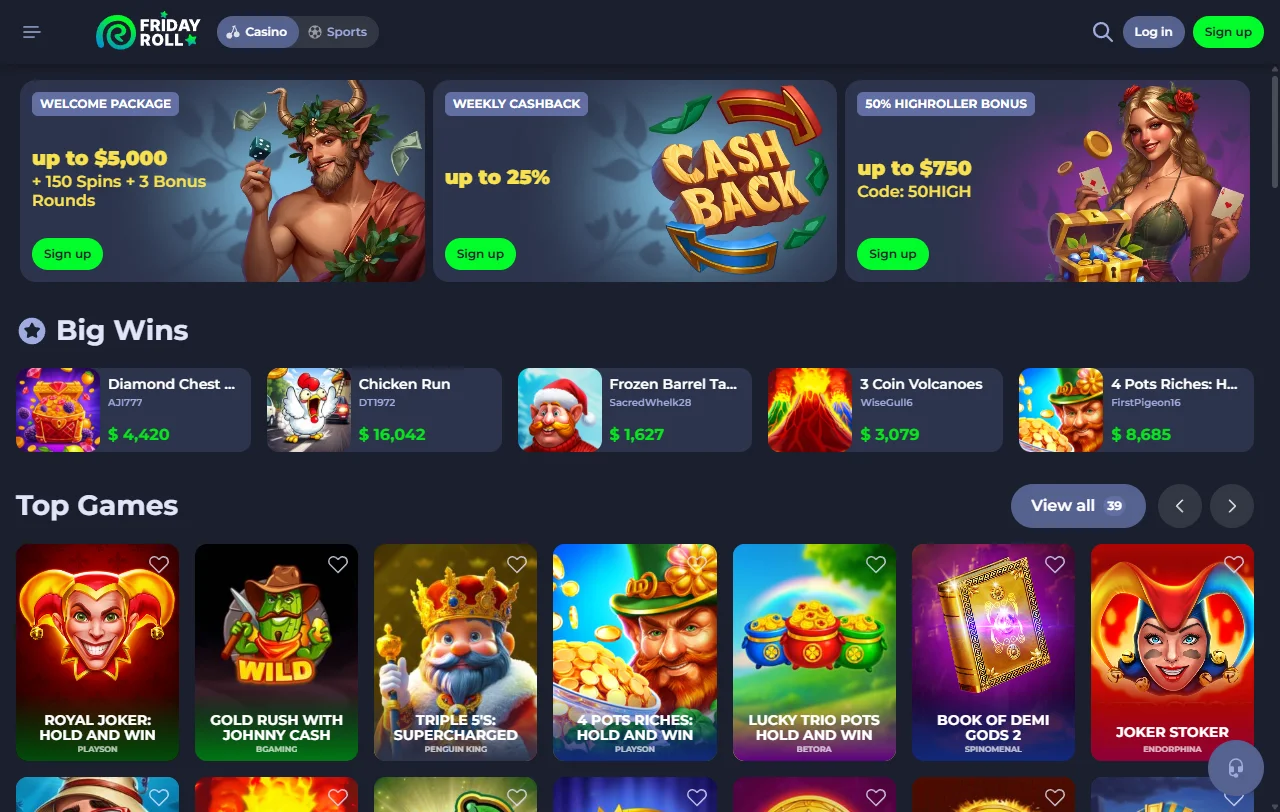 Αρχική σελίδα του FridayRoll Casino με τις κατηγορίες παιχνιδιών και προσφορών