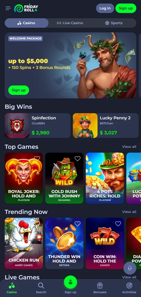 Λόμπι του FridayRoll Casino σε κινητό τηλέφωνο μέσω browser