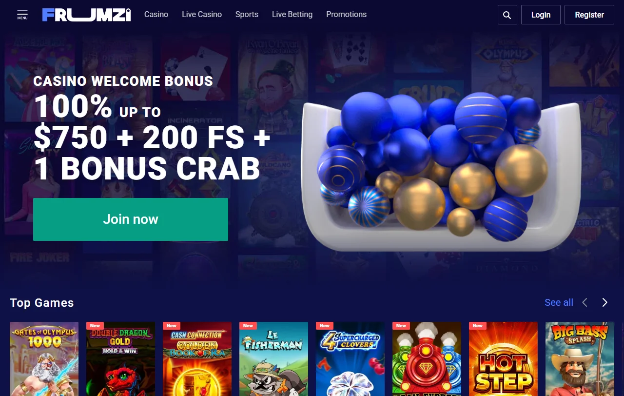 Επισκόπηση της Frumzi Casino με κατάλογο πάνω από 6.500 παιχνιδιών