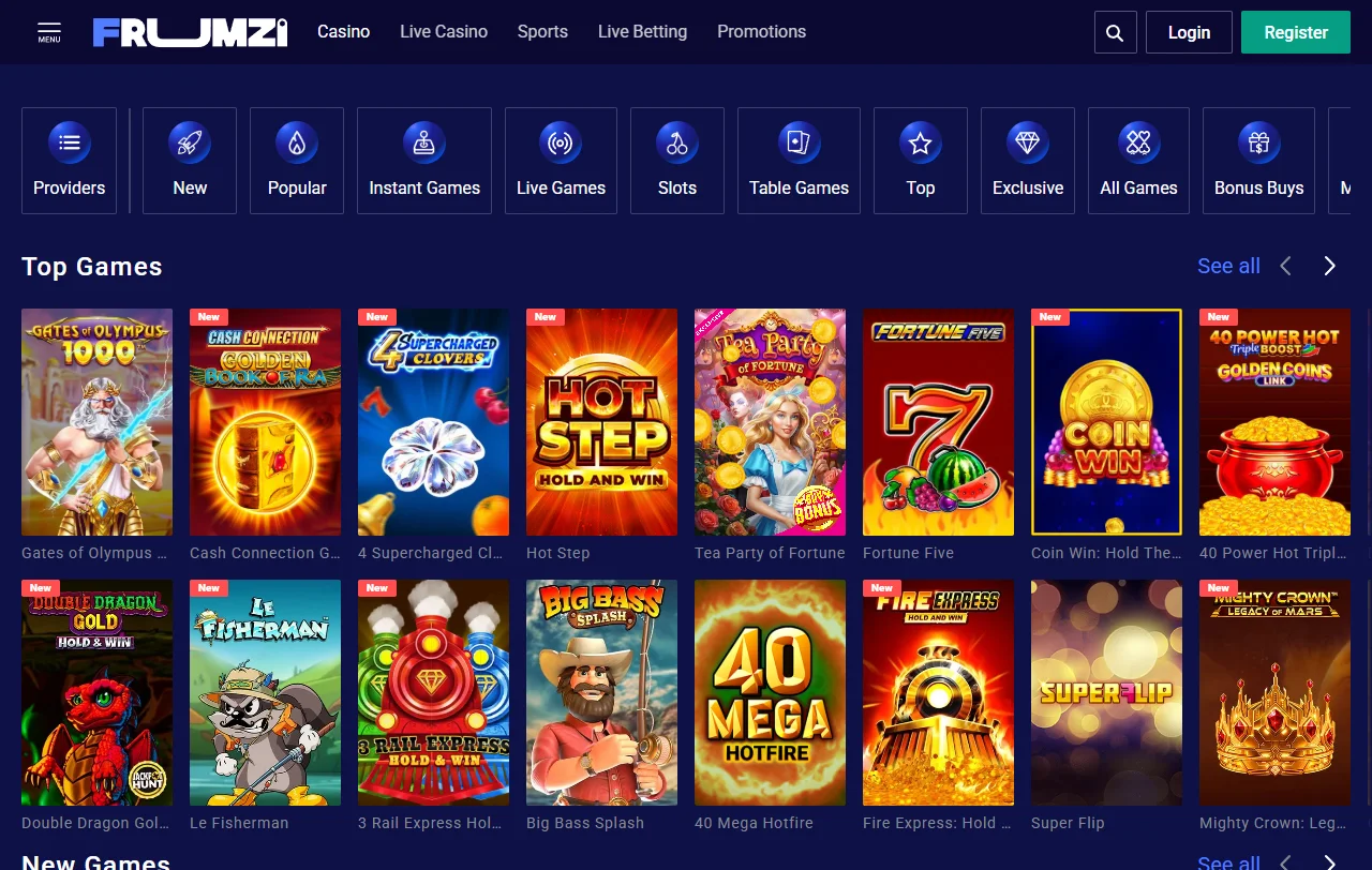 Slots και live τραπέζια της Frumzi Casino από Pragmatic Play και Playtech
