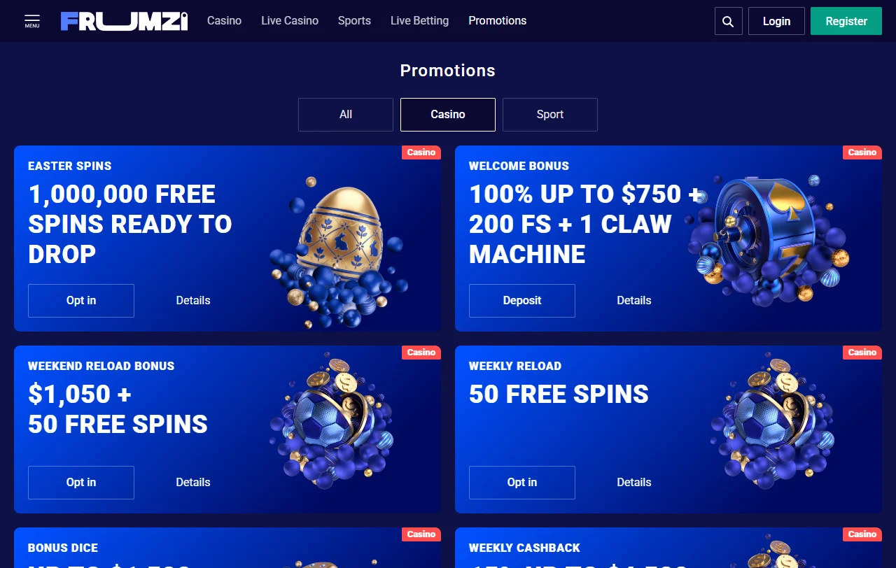 Μπόνους καλωσορίσματος της Frumzi Casino 100% έως 500 € και 200 free spins