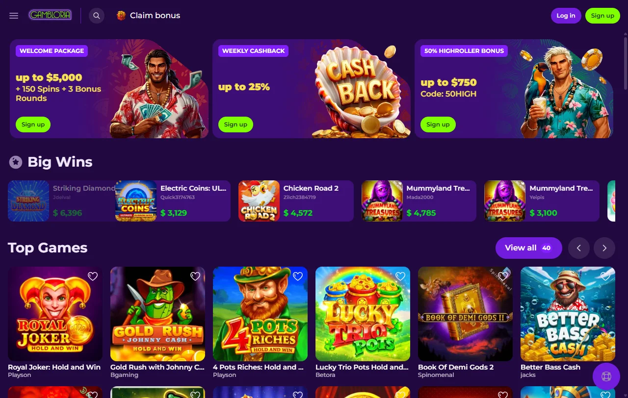 Αρχική σελίδα του Gambloria Casino με τις ενότητες καζίνο, live και αθλητικού στοιχήματος