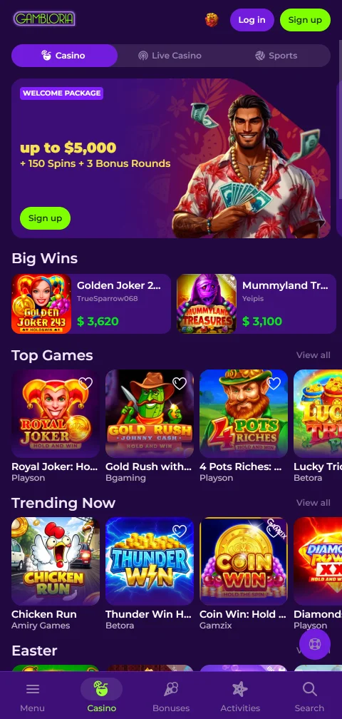 Το Gambloria Casino στον browser κινητού με αναδιπλούμενο μενού και αναζήτηση παιχνιδιών