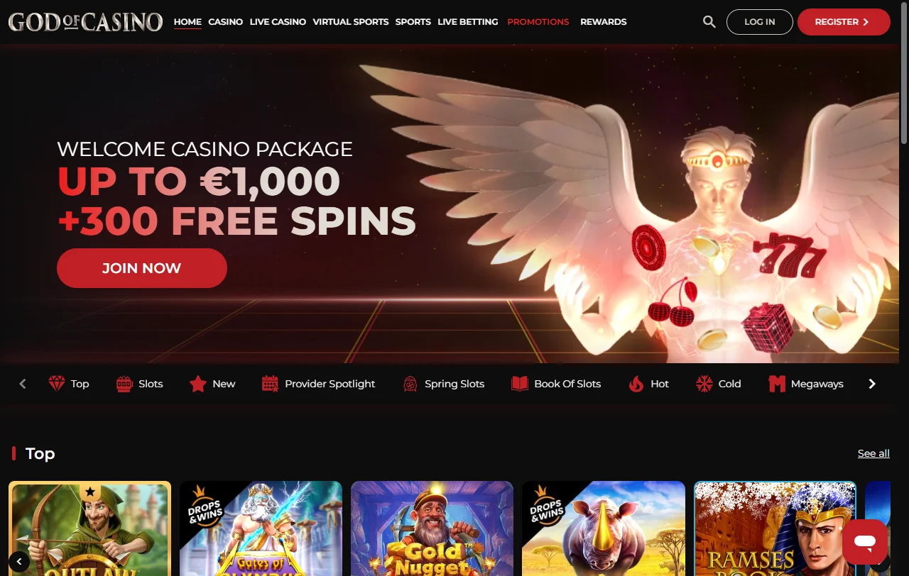 Αρχική σελίδα του God of Casino με το μυθολογικό θέμα και το lobby