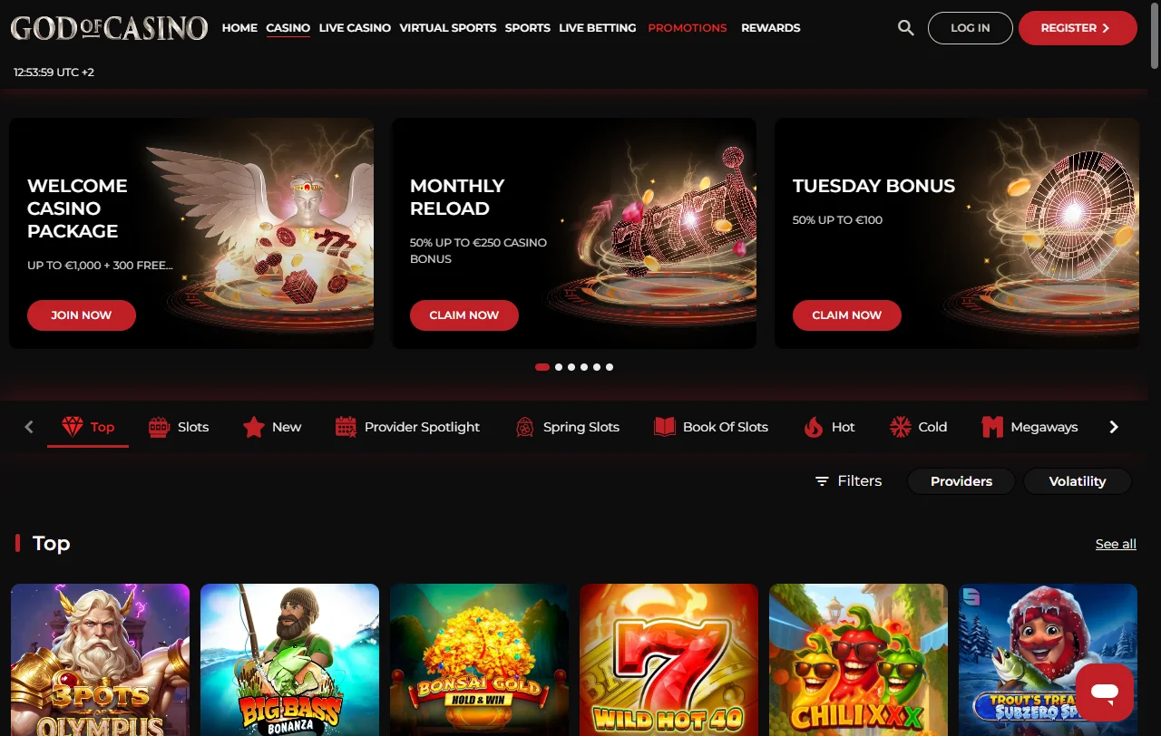 Κατάλογος slots του God of Casino από NetEnt, Pragmatic Play και Play