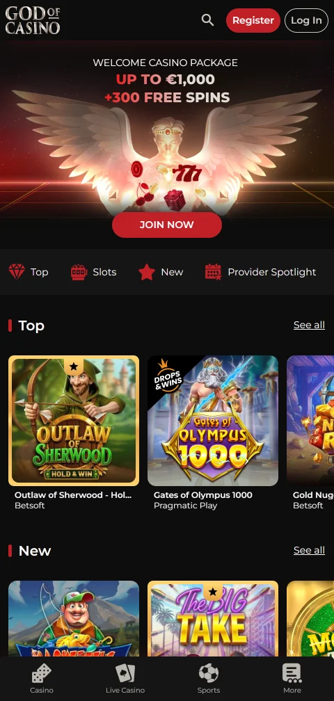Έκδοση browser του God of Casino σε κινητό τηλέφωνο με live casino