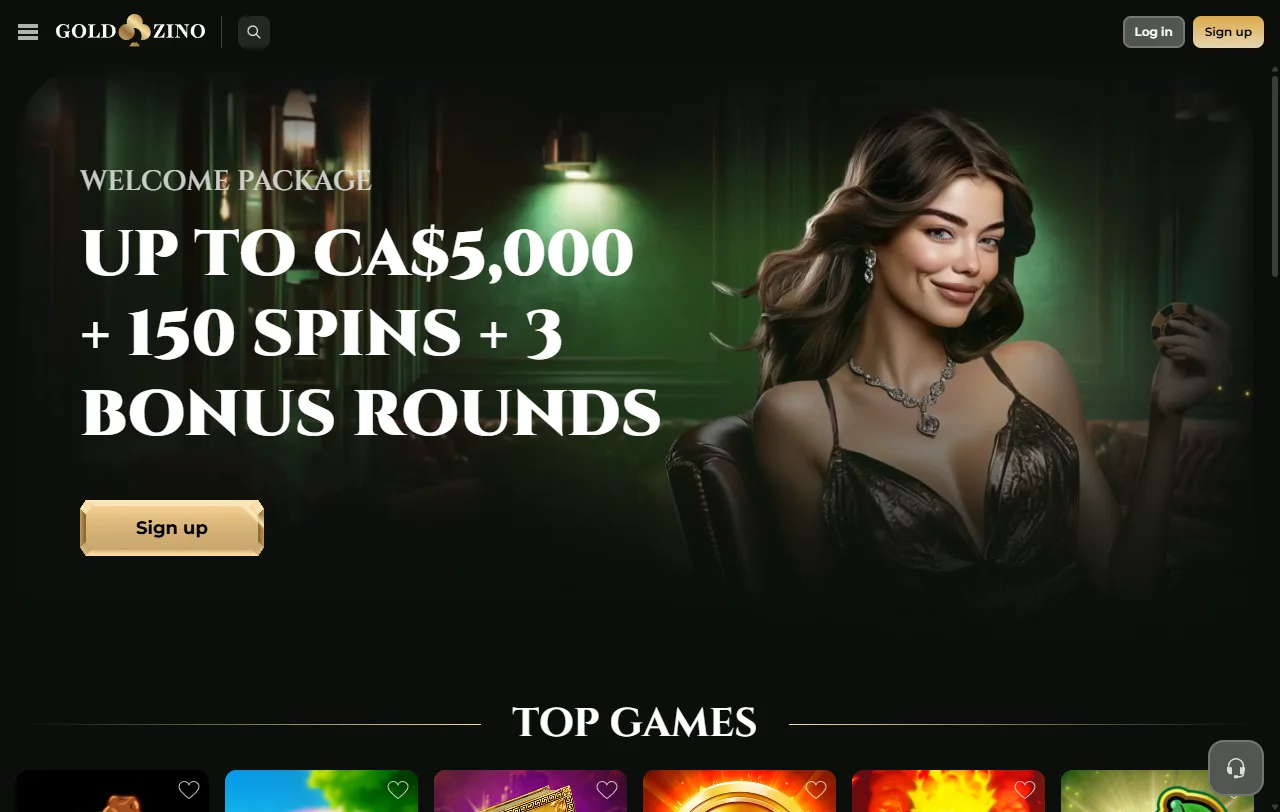 Goldzino Casino αρχική σελίδα με πακέτο καλωσορίσματος και κατηγορίες παιχνιδιών