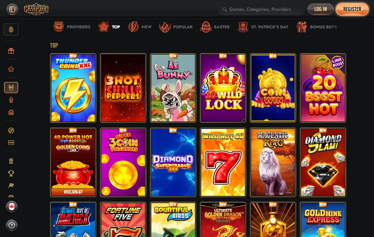 Λόμπι παιχνιδιών του Gransino Casino με slots και live τραπέζια