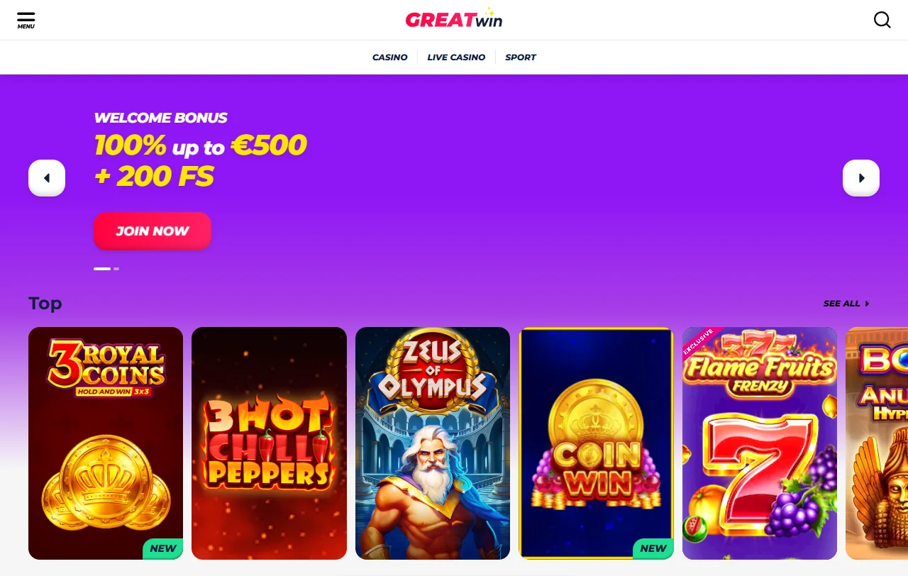 Αρχική σελίδα του GreatWin Casino με ενότητες καζίνο και αθλητικού στοιχήματος