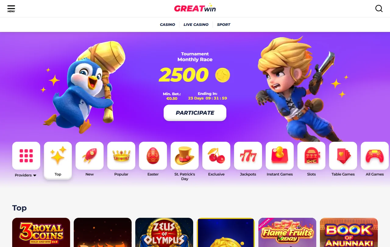 Κατάλογος κουλοχέρηδων του GreatWin Casino με τίτλους Hacksaw Gaming και Amusnet