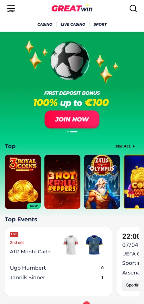 Έκδοση browser του GreatWin Casino σε κινητό χωρίς εγγενή εφαρμογή