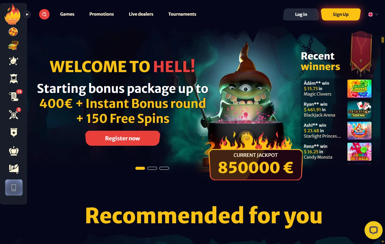 Αρχική σελίδα του HellSpin Casino με τις κατηγορίες παιχνιδιών και το sportsbook
