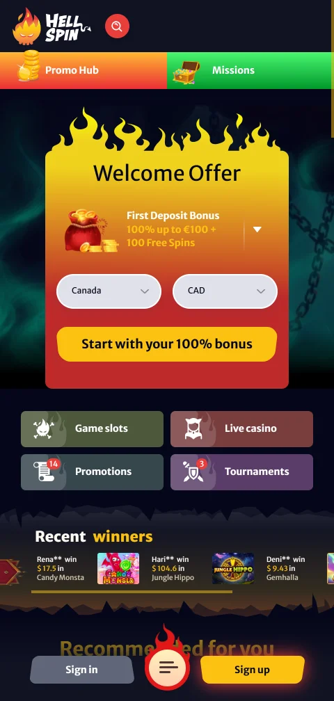 Έκδοση κινητού του HellSpin Casino μέσω browser με το lobby παιχνιδιών