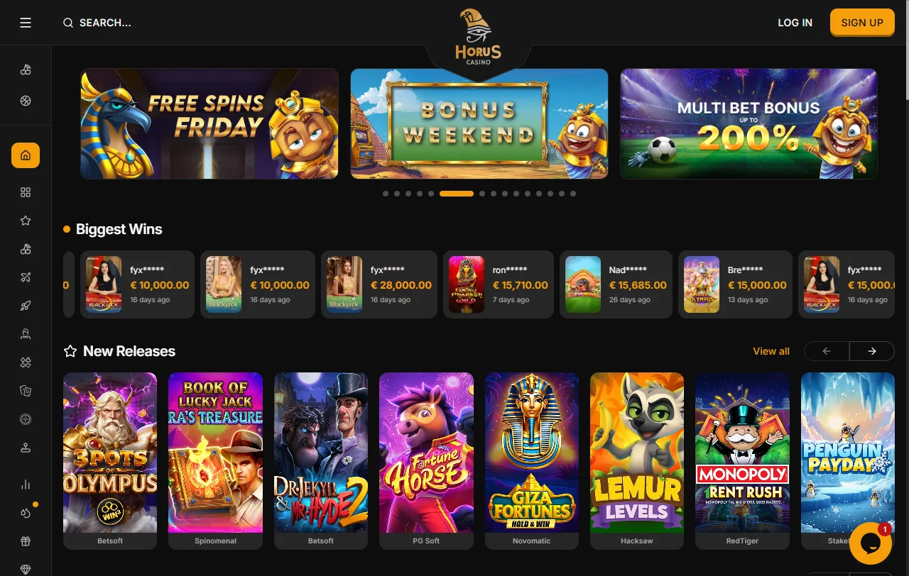 Επισκόπηση του Horus Casino με την αιγυπτιακή θεματολογία και τις βασικές ενότητες