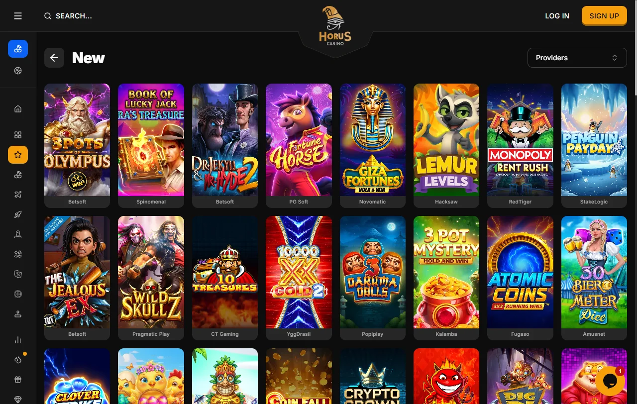 Κατάλογος παιχνιδιών του Horus Casino με κουλοχέρηδες από Pragmatic Play και Hacksaw