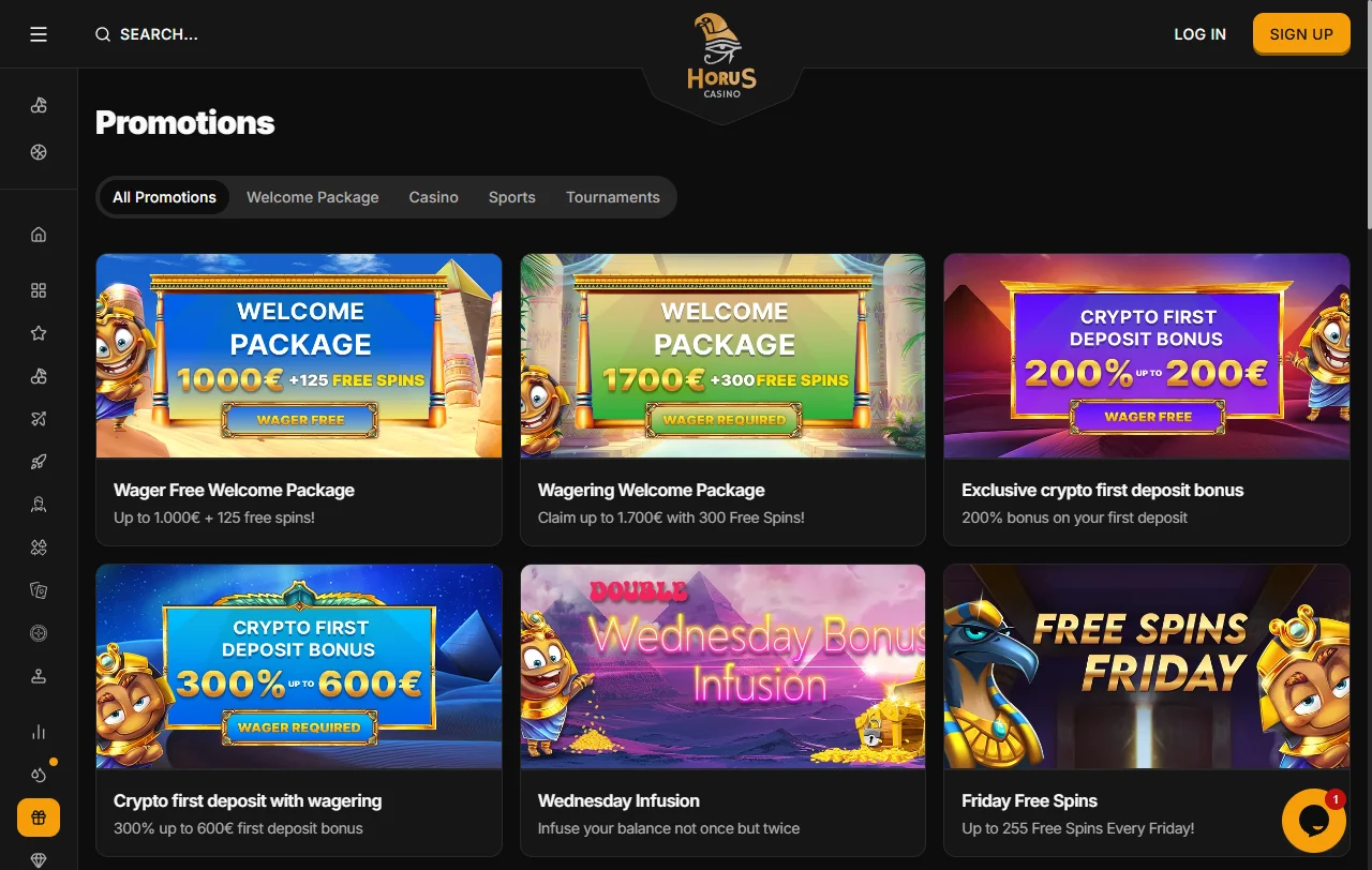 Πακέτα καλωσορίσματος του Horus Casino με και χωρίς απαιτήσεις wagering