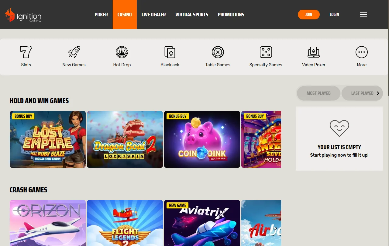 Ignition Casino: βιβλιοθήκη άνω των 300 παιχνιδιών με slots της RTG και της Rival