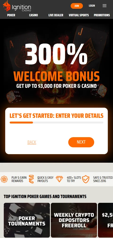 Ignition Casino σε κινητό μέσω browser, χωρίς εφαρμογή σε App Store ή Google Play
