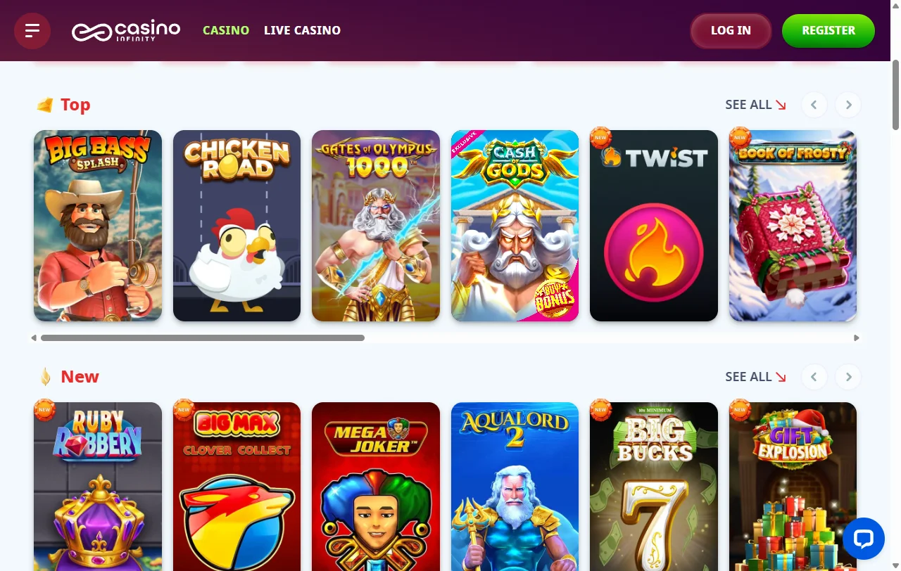 Κατάλογος παιχνιδιών του Infinity Casino με slots και live τραπέζια μεγάλων παρόχων