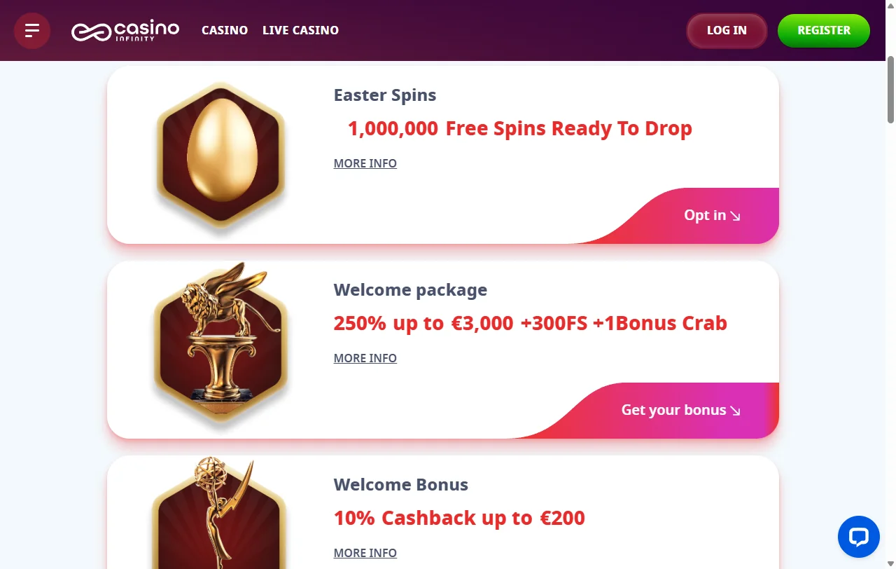 Πακέτο καλωσορίσματος του Infinity Casino με free spins και όρους wagering 35x