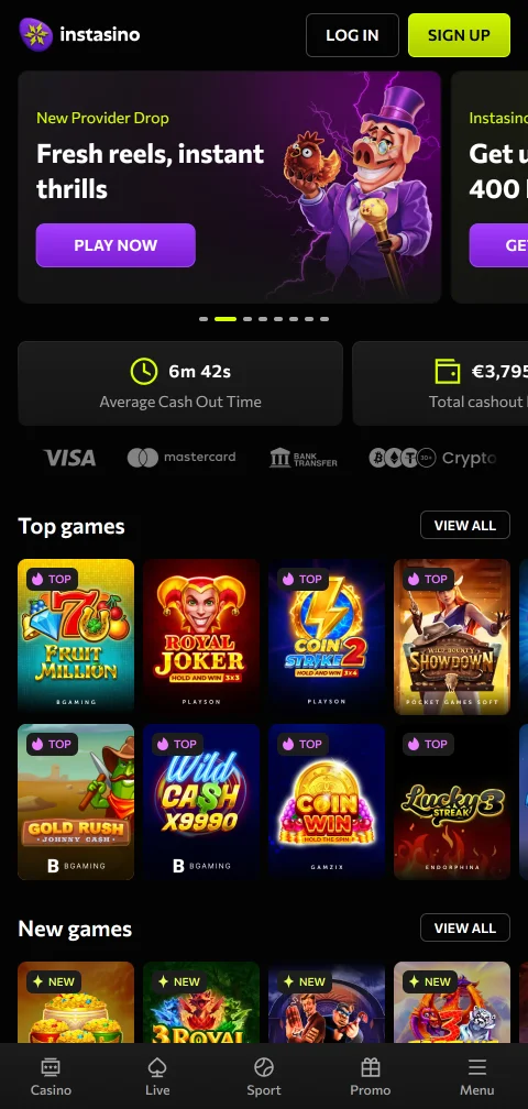 Mobile ιστότοπος Instasino σε browser κινητού χωρίς υποχρεωτική εγκατάσταση εφαρμογής
