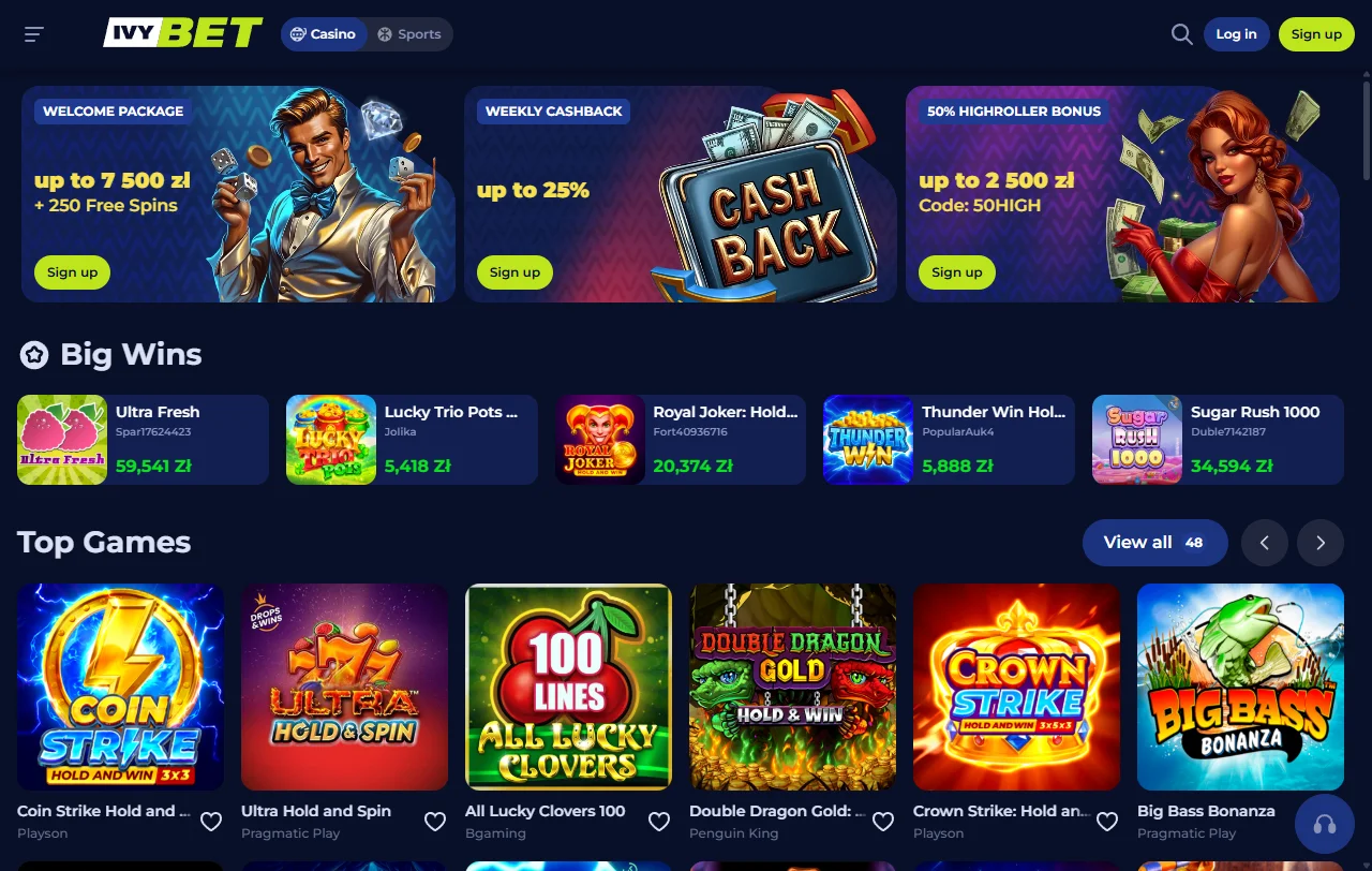 Αρχική σελίδα του Ivybet με κατηγορίες καζίνο, live casino και αθλητικού στοιχήματος