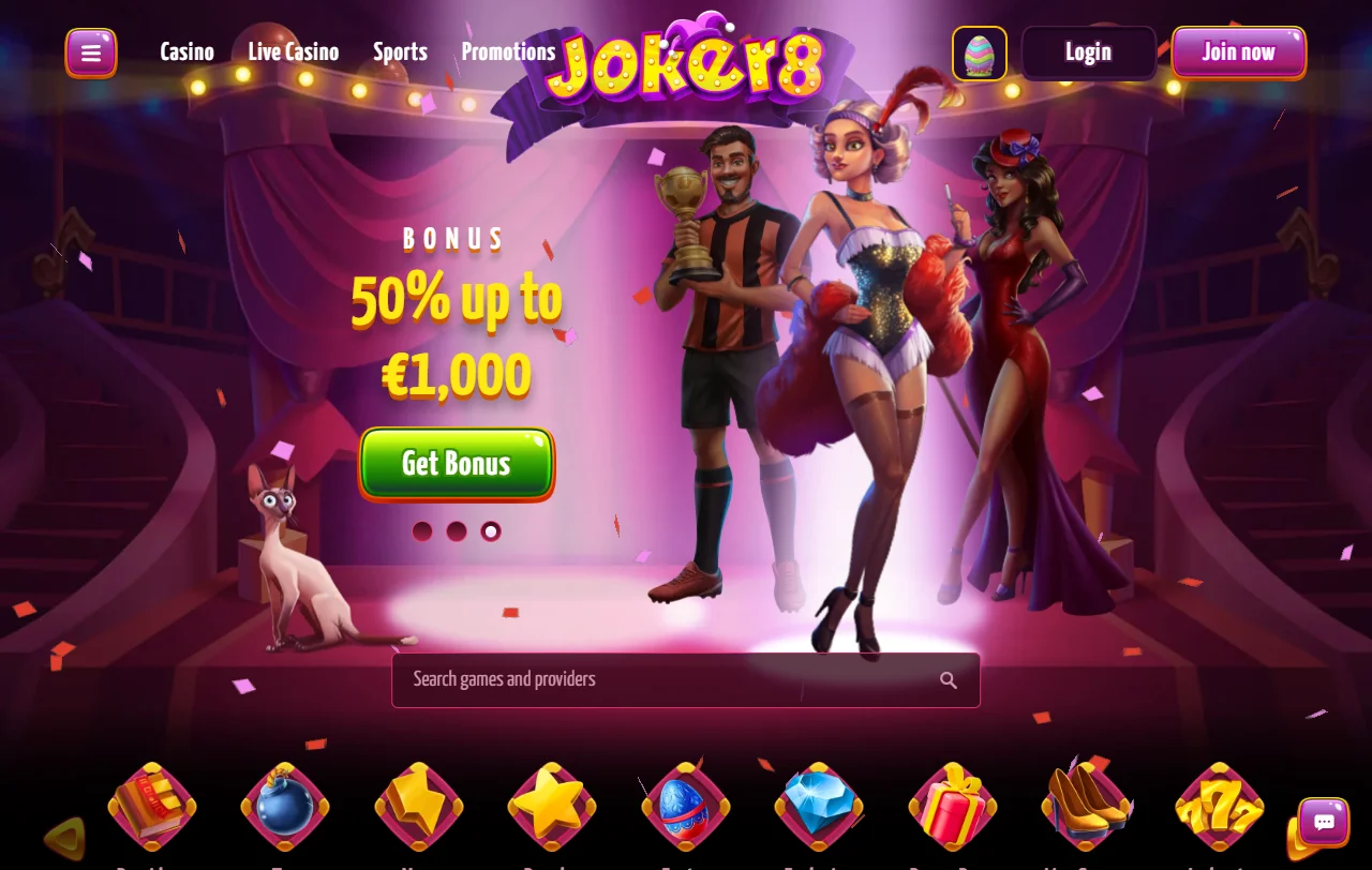 Επισκόπηση του Joker8 Casino με τη θεματολογία καμπαρέ και τις βασικές κατηγορίες