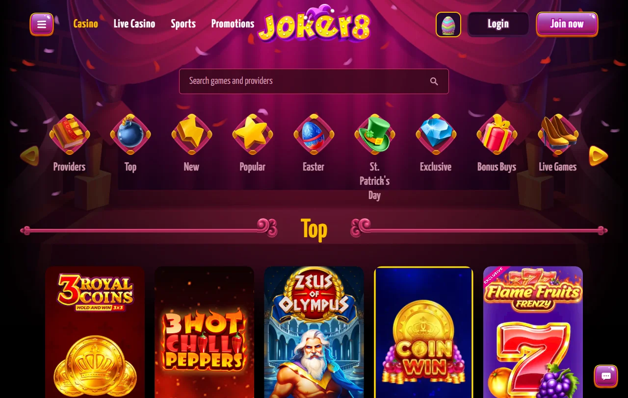 Κατάλογος παιχνιδιών του Joker8 Casino με κουλοχέρηδες από 134 στούντιο