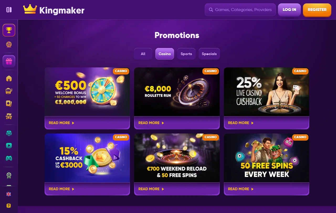 Κατάλογος παιχνιδιών Kingmaker Casino με slots, live τραπέζια και jackpots