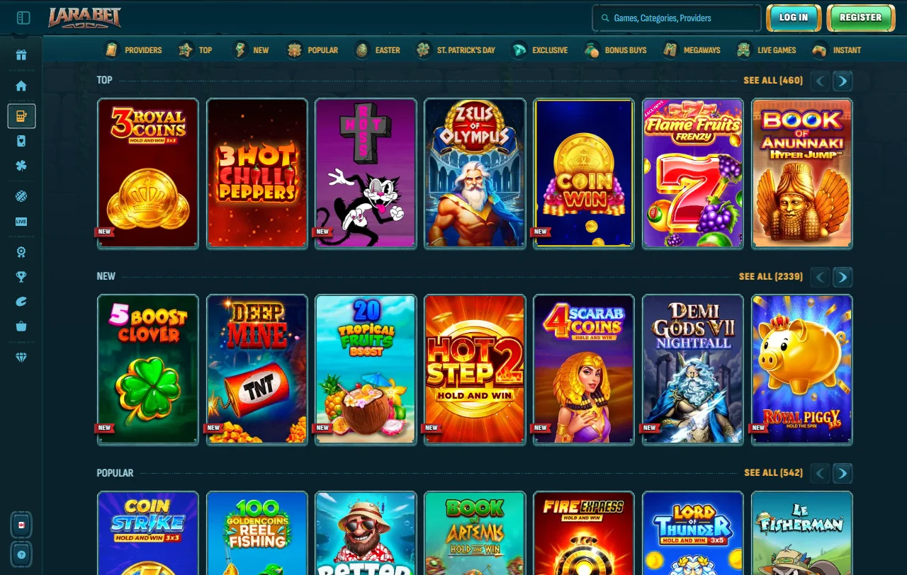 Κατάλογος slots του LaraBet με τίτλους Pragmatic Play και Hacksaw Gaming