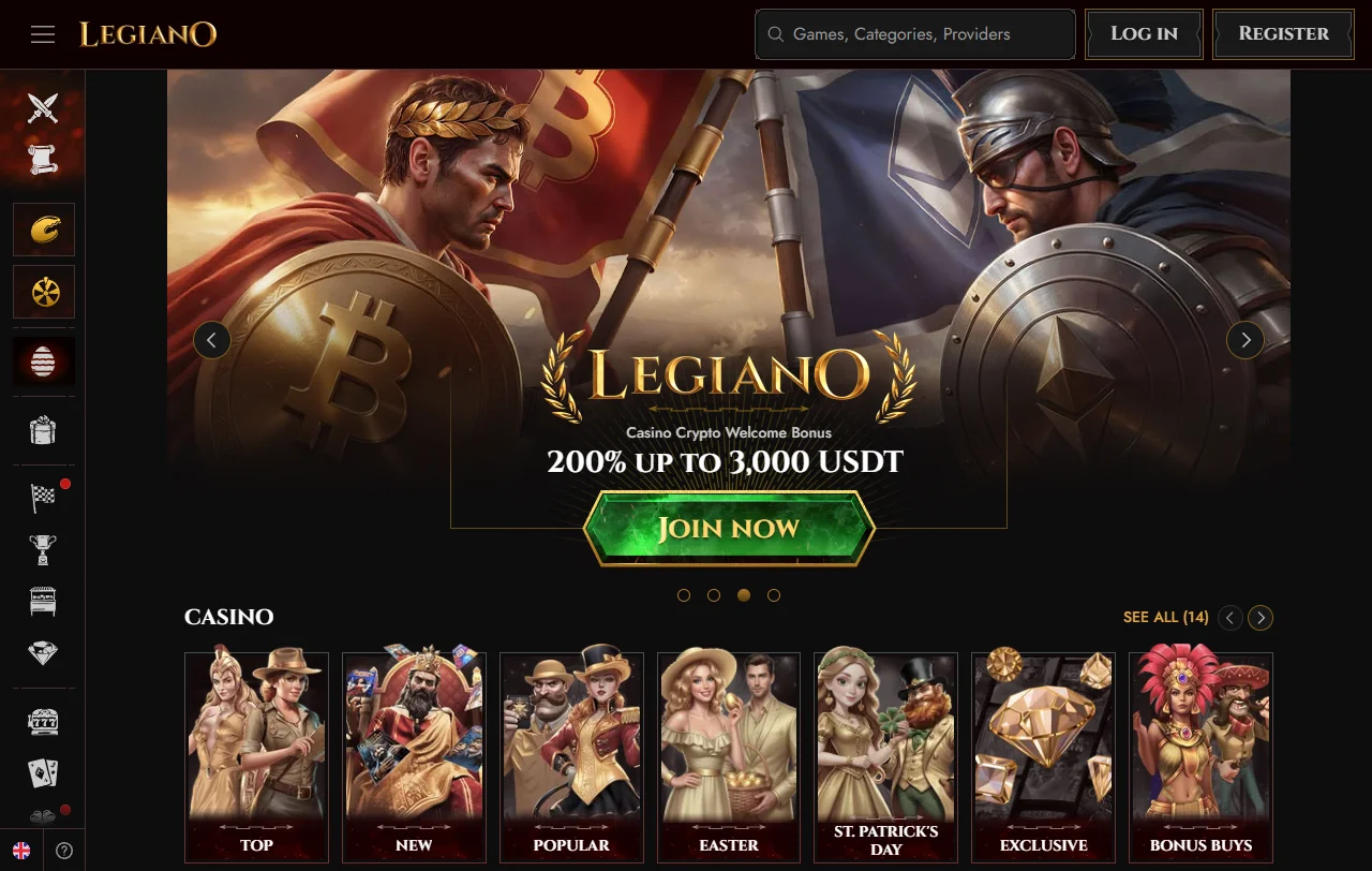 Αρχική σελίδα του Legiano Casino με κατηγορίες καζίνο και αθλητικού στοιχήματος
