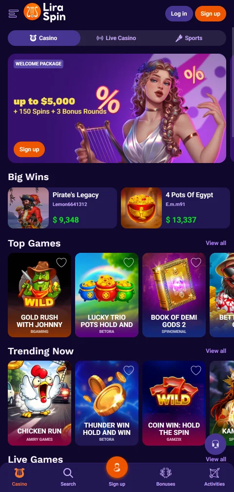 Το Liraspin Casino στο κινητό μέσω browser, με τον ίδιο κατάλογο και sportsbook