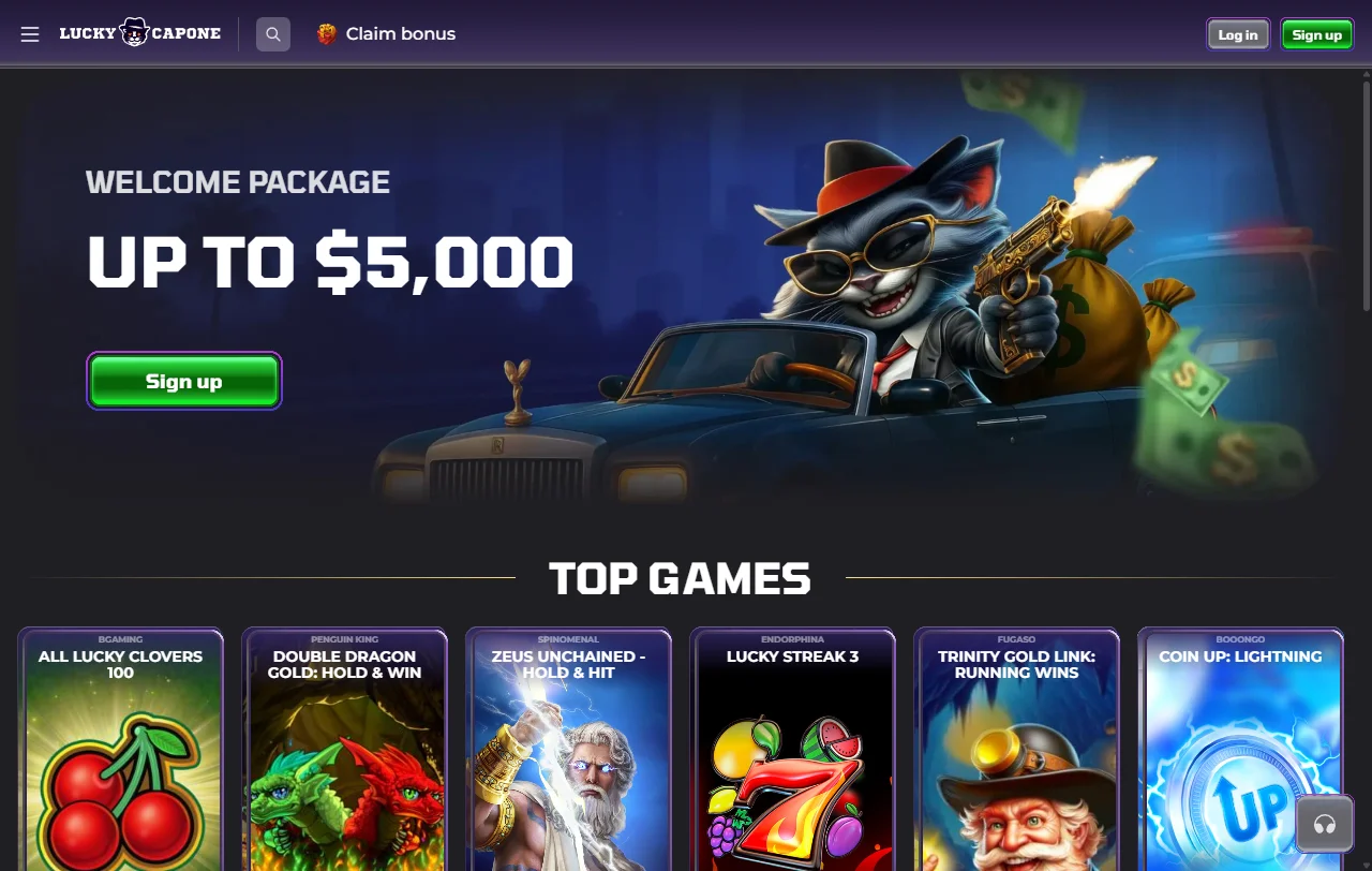 Αρχική σελίδα του LuckyCapone Casino με την επισκόπηση της πλατφόρμας για παίκτες