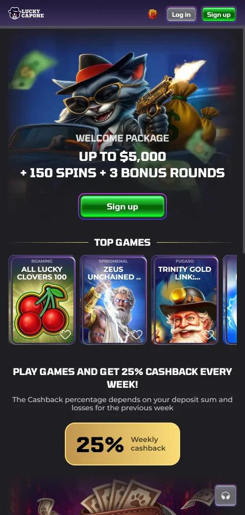 Έκδοση browser του LuckyCapone Casino σε κινητό τηλέφωνο με τα διαθέσιμα παιχνίδια