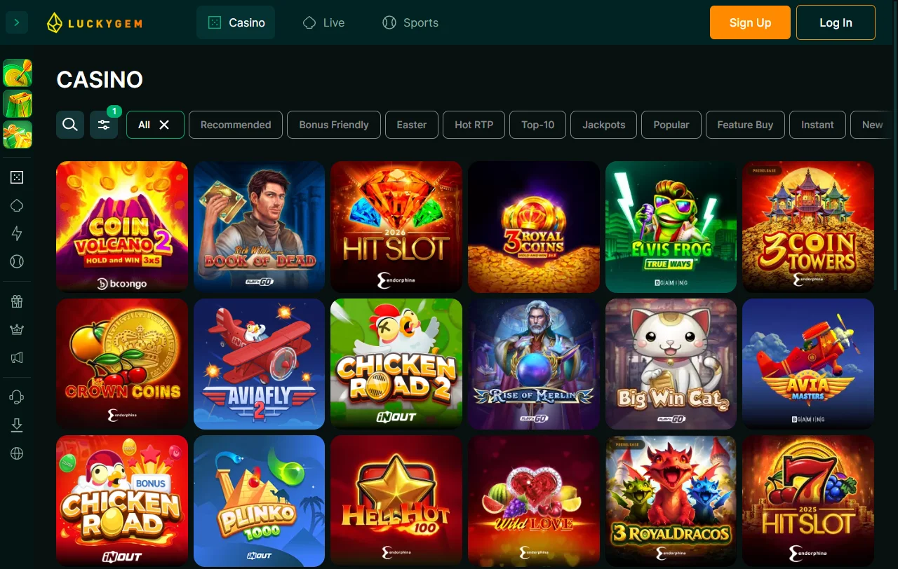 Λόμπι παιχνιδιών του LuckyGem casino με slots από Pragmatic Play και Hacksaw Gaming