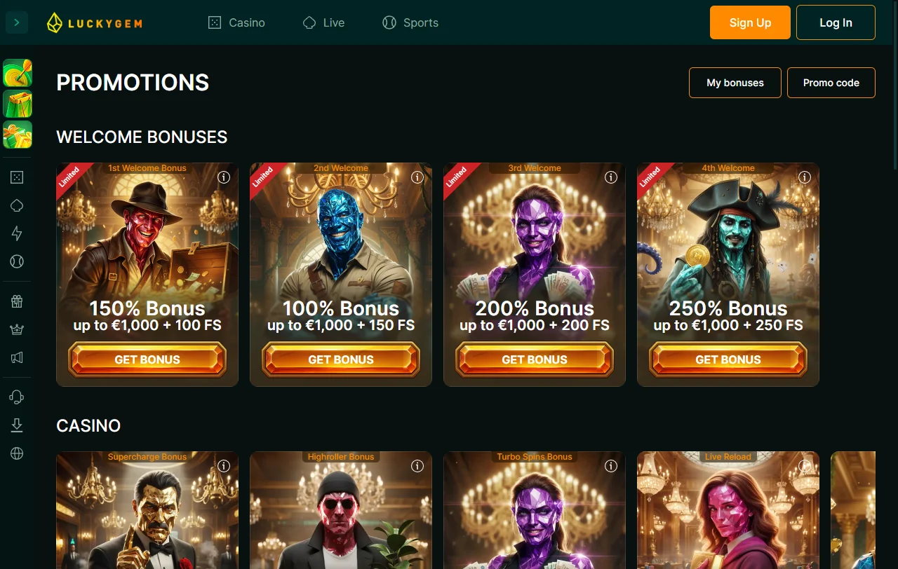 Σελίδα προσφορών του LuckyGem casino με το πακέτο τεσσάρων καταθέσεων