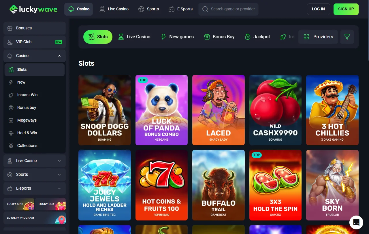 Lobby slots του LuckyWave Casino με τίτλους Pragmatic Play και NetEnt