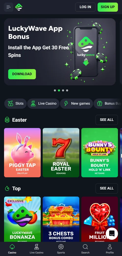 Το LuckyWave Casino σε smartphone μέσω browser με λογαριασμό και ταμείο