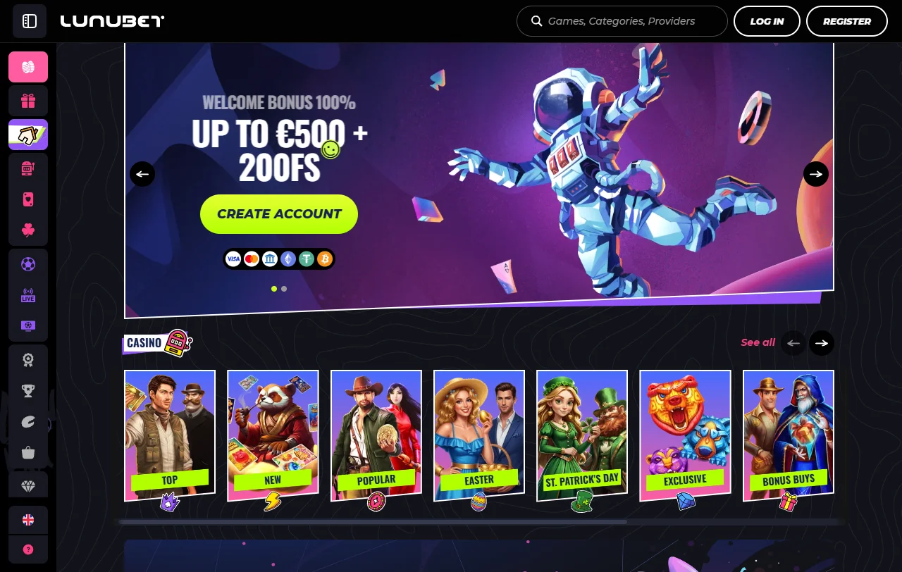 Αρχική σελίδα του Lunubet Casino με ενότητες casino, live και sportsbook