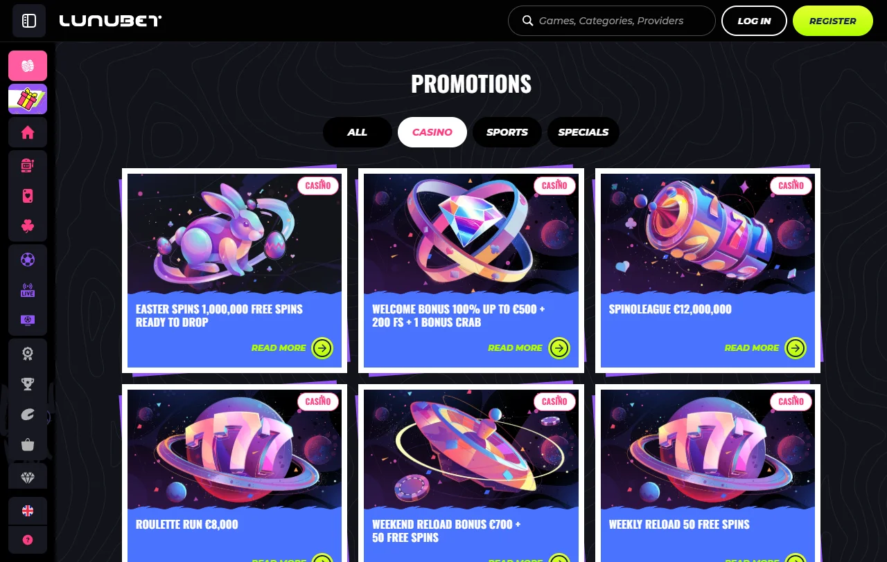 Βιβλιοθήκη του Lunubet Casino με πάνω από 8.000 slots και live τίτλους