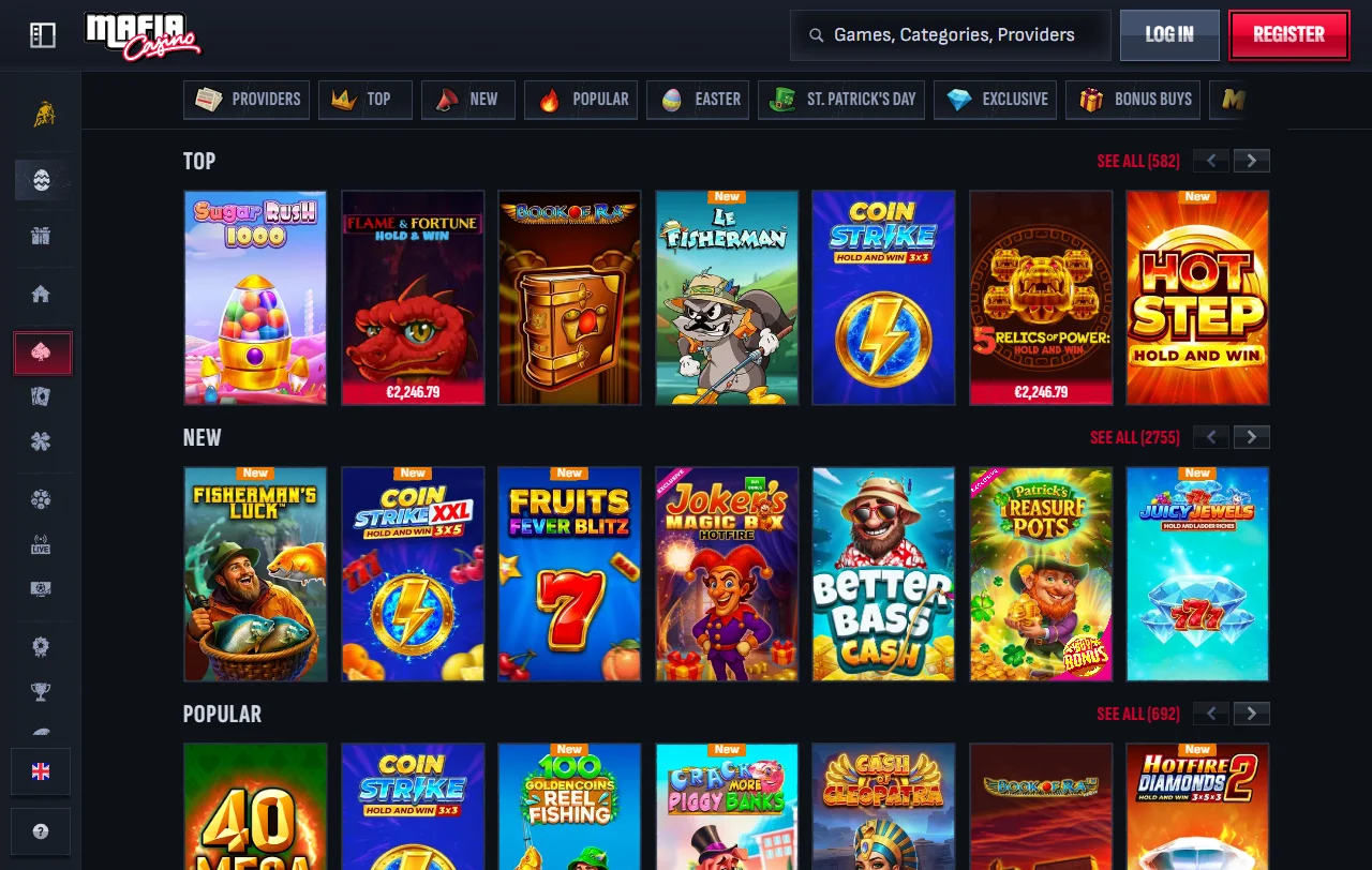 Κατάλογος slots και live τραπεζιών του Mafia Casino με τίτλους της Evolution