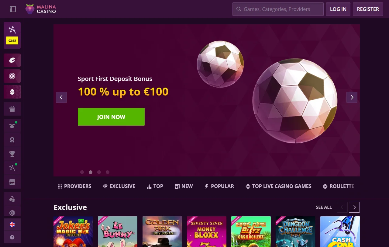 Γενική εικόνα του Malina Casino με ελληνική έκδοση και αθλητικό τμήμα